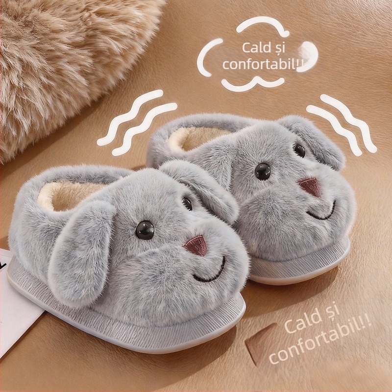 Papuci de interior pentru copii, iarnă, cu design cu câine desen animat, parte superioară velur, talpă PVC antiderapantă, căptușeală groasă, unisex