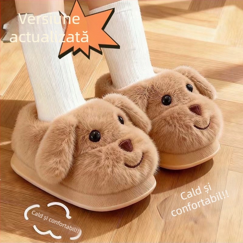 Papuci de interior pentru copii, iarnă, cu design cu câine desen animat, parte superioară velur, talpă PVC antiderapantă, căptușeală groasă, unisex