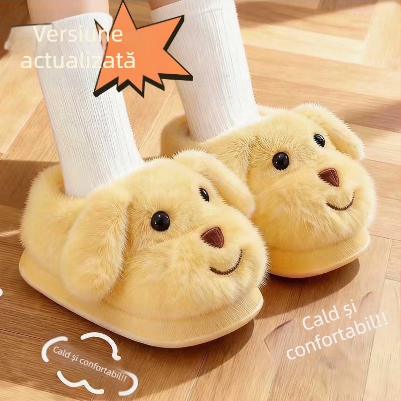 Papuci de interior pentru copii, iarnă, cu design cu câine desen animat, parte superioară velur, talpă PVC antiderapantă, căptușeală groasă, unisex