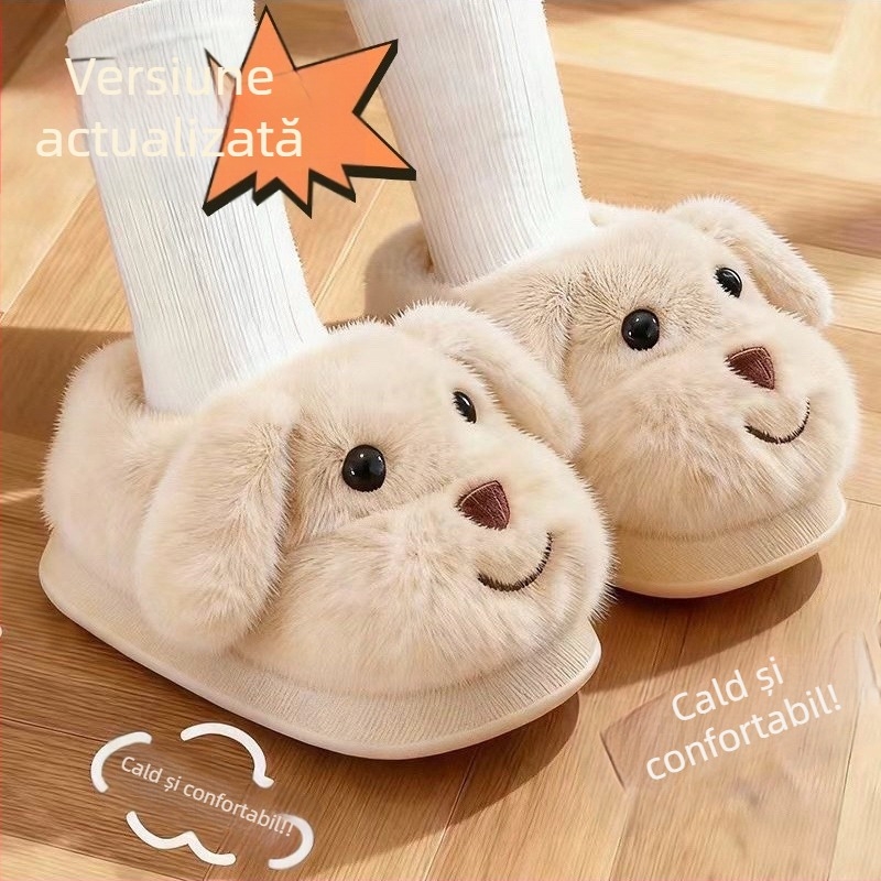 Papuci de interior pentru copii, iarnă, cu design cu câine desen animat, parte superioară velur, talpă PVC antiderapantă, căptușeală groasă, unisex
