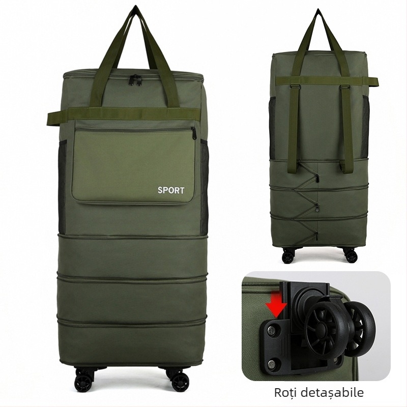 Geantă de voiaj pliabilă cu roți, mâner de transport și curea de umăr (Capacitate: 56–75 L; Material: pânză Oxford; Funcții: respirabilă, impermeabilă, foarte ușoară; Brand: Bohao; Gen: Unisex)