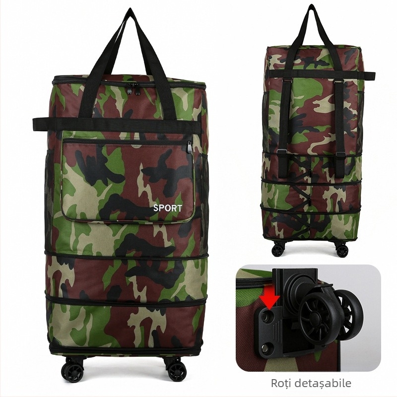 Geantă de voiaj pliabilă cu roți, mâner de transport și curea de umăr (Capacitate: 56–75 L; Material: pânză Oxford; Funcții: respirabilă, impermeabilă, foarte ușoară; Brand: Bohao; Gen: Unisex)