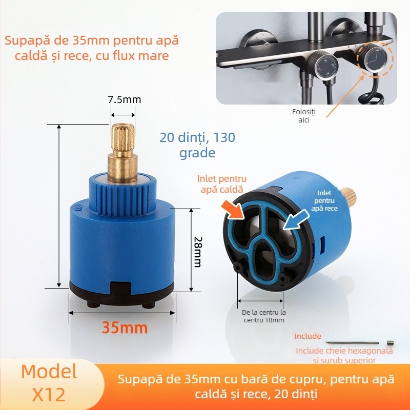 Cartuș de robinet pentru duș - ceramică/plastic, stil modern minimalist, operare prin învârte (ceramică/plastic; stil modern minimalist; operare prin învârte)