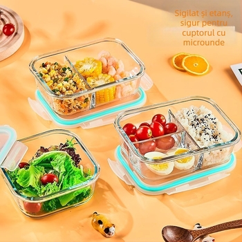 Cutie de prânz din sticlă borosilicat, rotundă, capacitate 1–2 L, compatibilă cu microunde