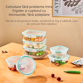 Cutie de prânz din sticlă borosilicat, rotundă, capacitate 1–2 L, compatibilă cu microunde