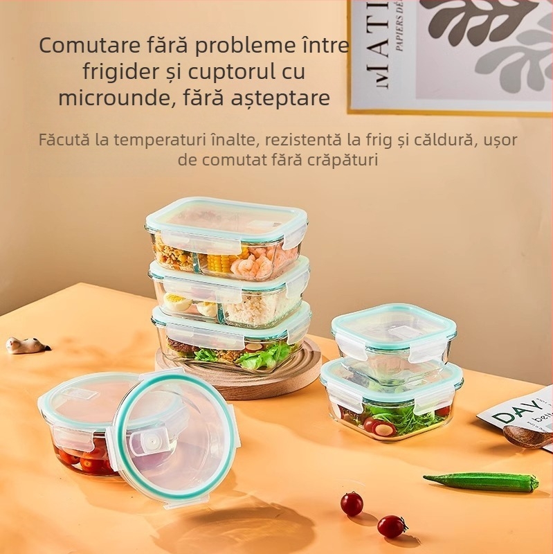 Cutie de prânz din sticlă borosilicat, rotundă, capacitate 1–2 L, compatibilă cu microunde