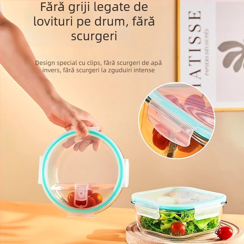 Cutie de prânz din sticlă borosilicat, rotundă, capacitate 1–2 L, compatibilă cu microunde