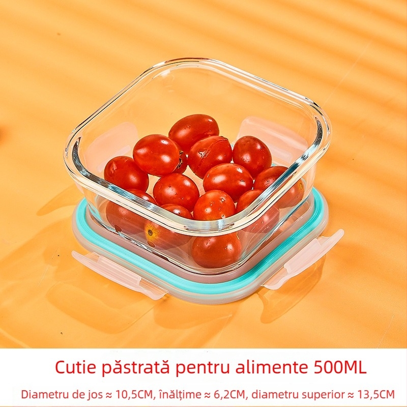 Cutie de prânz din sticlă borosilicat, rotundă, capacitate 1–2 L, compatibilă cu microunde