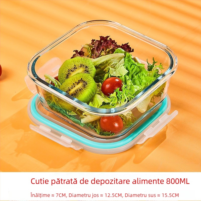 Cutie de prânz din sticlă borosilicat, rotundă, capacitate 1–2 L, compatibilă cu microunde