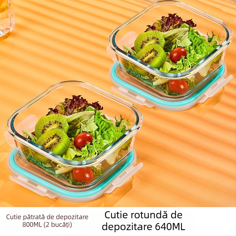 Cutie de prânz din sticlă borosilicat, rotundă, capacitate 1–2 L, compatibilă cu microunde