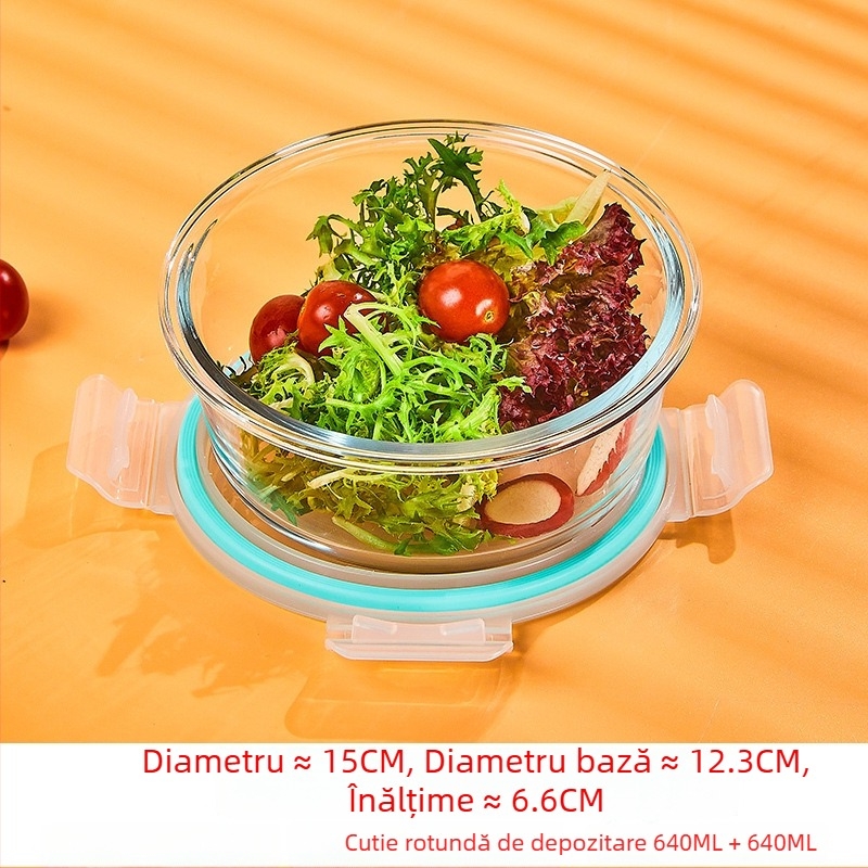 Cutie de prânz din sticlă borosilicat, rotundă, capacitate 1–2 L, compatibilă cu microunde