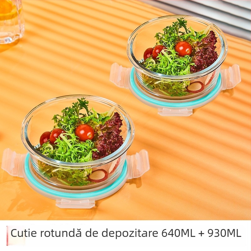 Cutie de prânz din sticlă borosilicat, rotundă, capacitate 1–2 L, compatibilă cu microunde