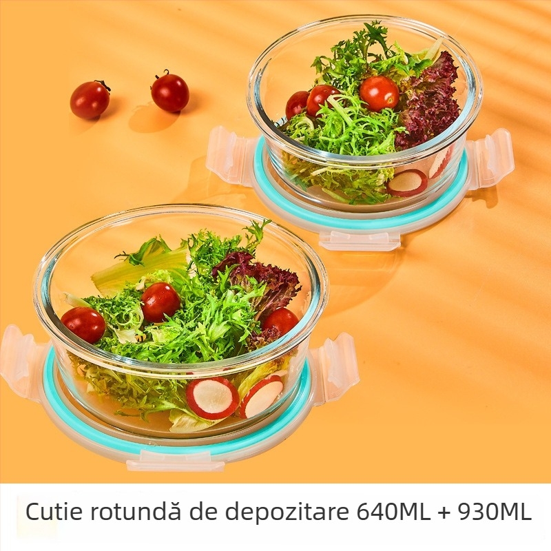 Cutie de prânz din sticlă borosilicat, rotundă, capacitate 1–2 L, compatibilă cu microunde