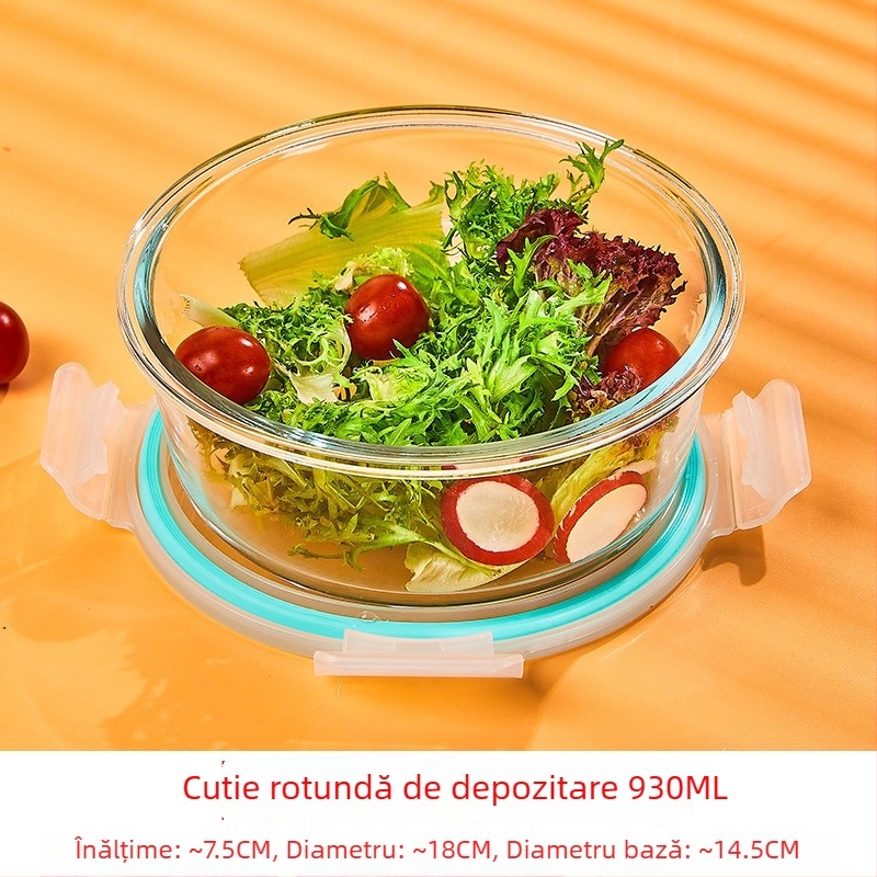 Cutie de prânz din sticlă borosilicat, rotundă, capacitate 1–2 L, compatibilă cu microunde