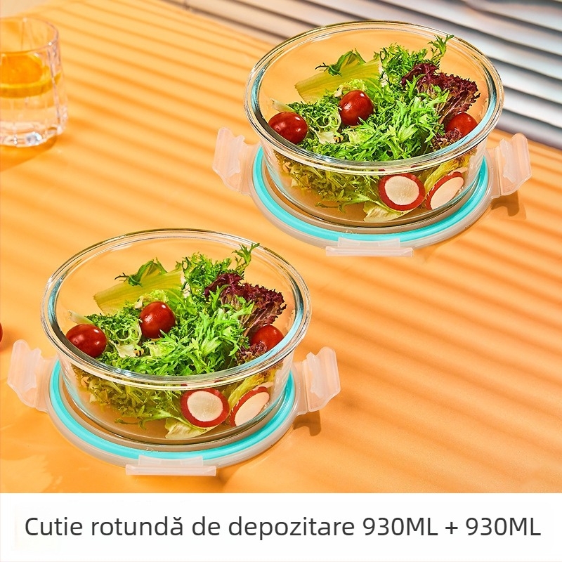 Cutie de prânz din sticlă borosilicat, rotundă, capacitate 1–2 L, compatibilă cu microunde