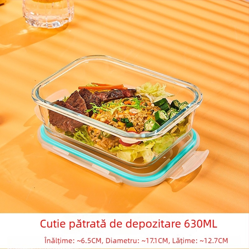 Cutie de prânz din sticlă borosilicat, rotundă, capacitate 1–2 L, compatibilă cu microunde