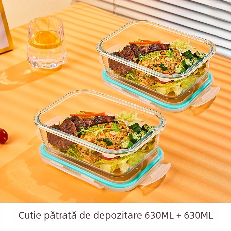 Cutie de prânz din sticlă borosilicat, rotundă, capacitate 1–2 L, compatibilă cu microunde