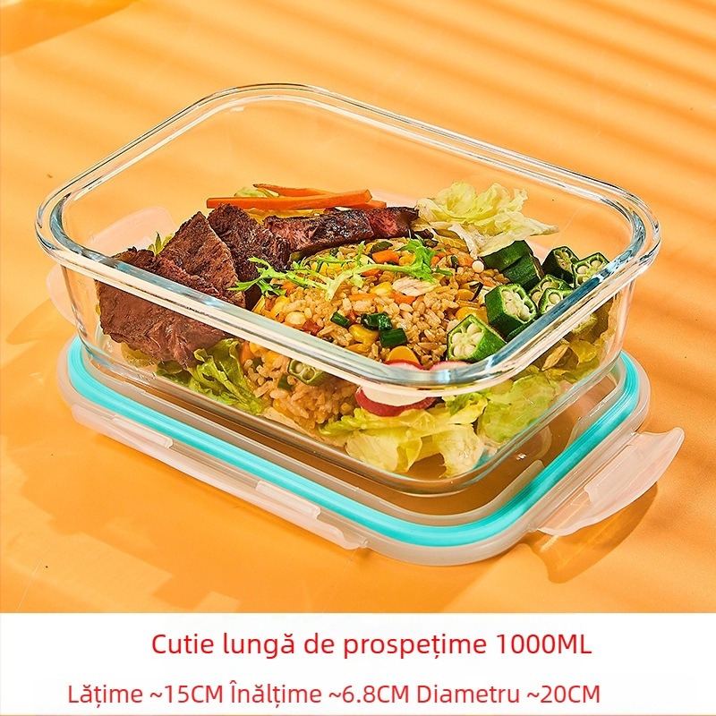 Cutie de prânz din sticlă borosilicat, rotundă, capacitate 1–2 L, compatibilă cu microunde