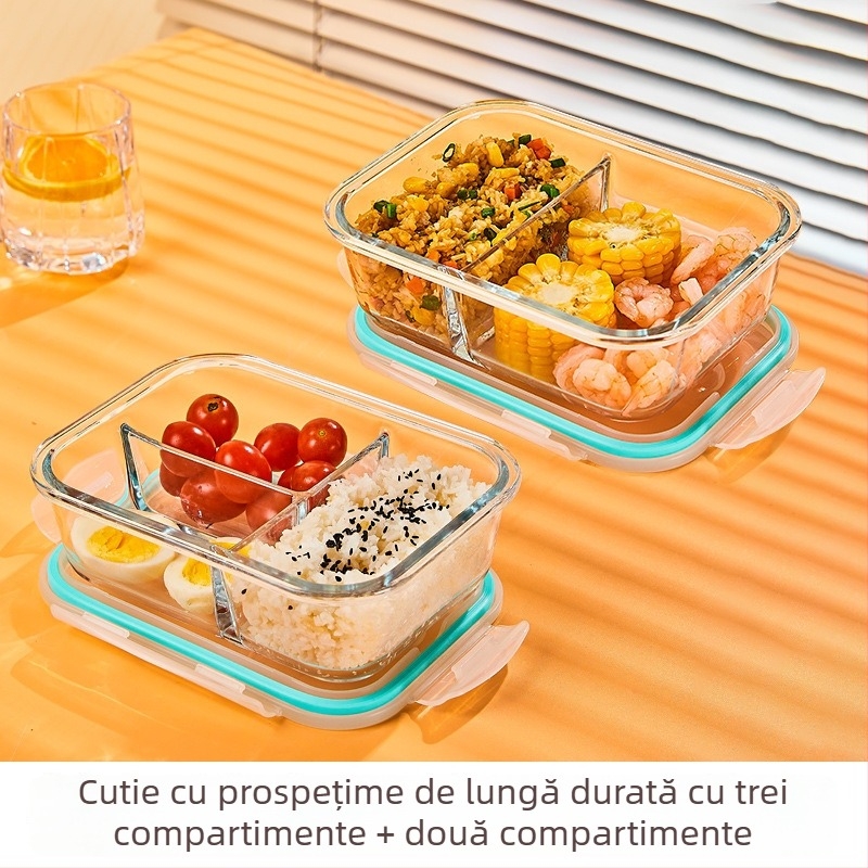 Cutie de prânz din sticlă borosilicat, rotundă, capacitate 1–2 L, compatibilă cu microunde