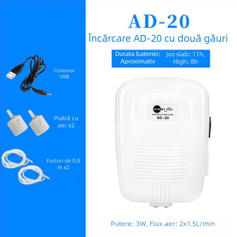 Spirit Companion pompă de oxigen pentru acvariu – ultra-quiet, portabilă, reîncărcabilă USB, alimentare DC, cu dublu scop