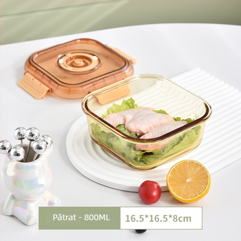 Cutie pentru prânz din sticlă cu două compartimente, sticlă alimentară, păstrarea prospețimii, compatibilă cu cuptorul cu microunde