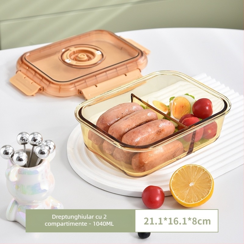 Cutie pentru prânz din sticlă cu două compartimente, sticlă alimentară, păstrarea prospețimii, compatibilă cu cuptorul cu microunde