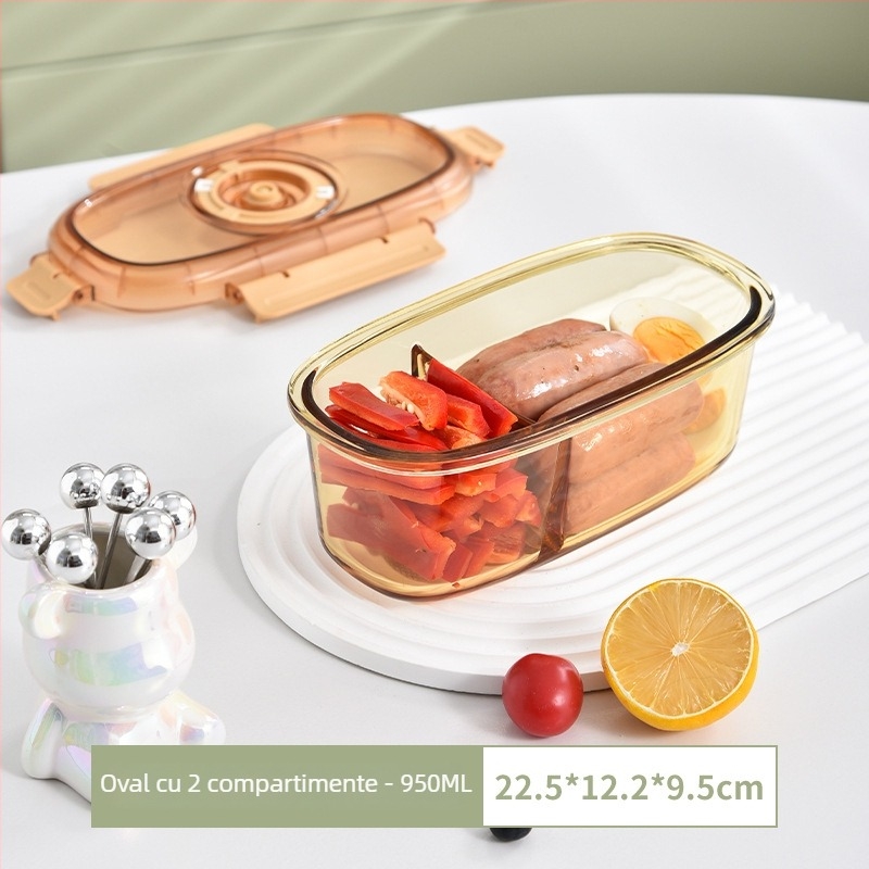 Cutie pentru prânz din sticlă cu două compartimente, sticlă alimentară, păstrarea prospețimii, compatibilă cu cuptorul cu microunde