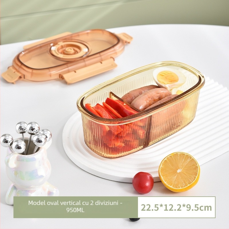 Cutie pentru prânz din sticlă cu două compartimente, sticlă alimentară, păstrarea prospețimii, compatibilă cu cuptorul cu microunde