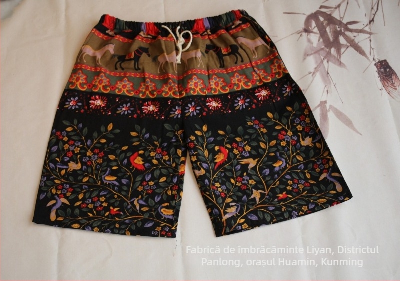 Șorturi scurte cu imprimeu elefant thailandez, amestec din bumbac, croi drept, lungime cropped, 94% bumbac, elasticitate micro-bounce, stil național