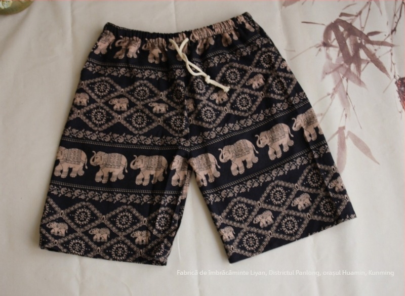 Șorturi scurte cu imprimeu elefant thailandez, amestec din bumbac, croi drept, lungime cropped, 94% bumbac, elasticitate micro-bounce, stil național