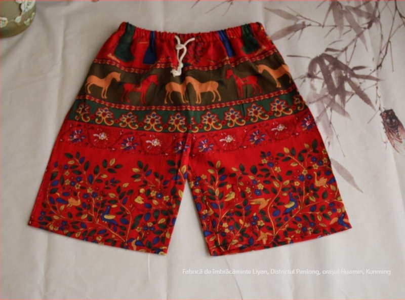 Șorturi scurte cu imprimeu elefant thailandez, amestec din bumbac, croi drept, lungime cropped, 94% bumbac, elasticitate micro-bounce, stil național