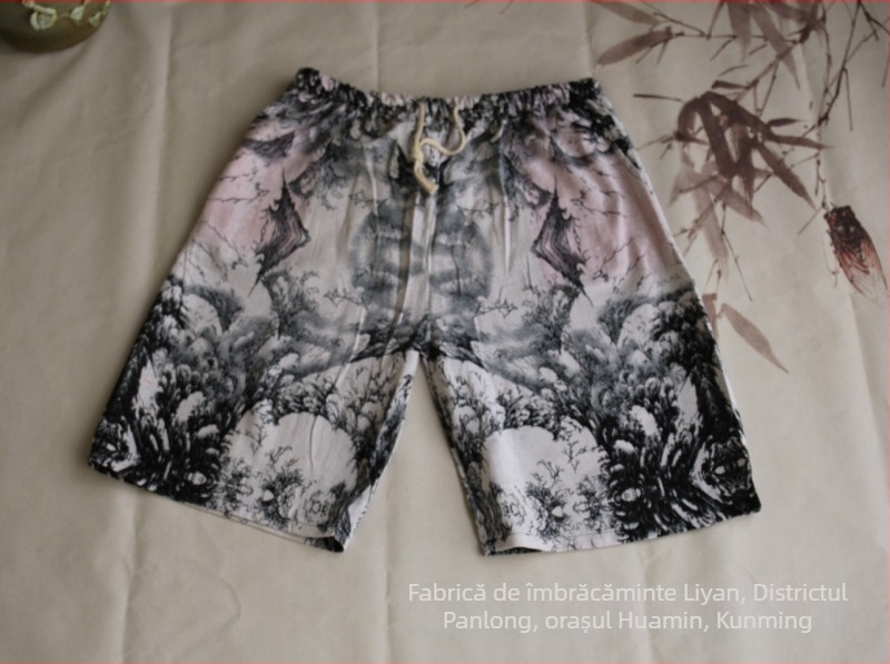 Șorturi scurte cu imprimeu elefant thailandez, amestec din bumbac, croi drept, lungime cropped, 94% bumbac, elasticitate micro-bounce, stil național