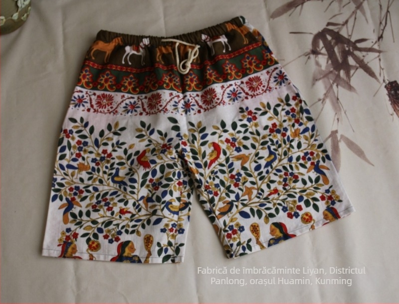 Șorturi scurte cu imprimeu elefant thailandez, amestec din bumbac, croi drept, lungime cropped, 94% bumbac, elasticitate micro-bounce, stil național