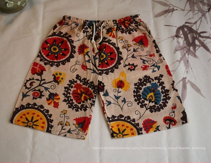 Șorturi scurte cu imprimeu elefant thailandez, amestec din bumbac, croi drept, lungime cropped, 94% bumbac, elasticitate micro-bounce, stil național