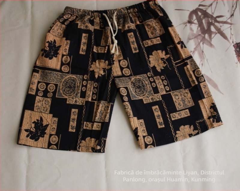 Șorturi scurte cu imprimeu elefant thailandez, amestec din bumbac, croi drept, lungime cropped, 94% bumbac, elasticitate micro-bounce, stil național