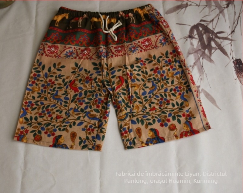 Șorturi scurte cu imprimeu elefant thailandez, amestec din bumbac, croi drept, lungime cropped, 94% bumbac, elasticitate micro-bounce, stil național