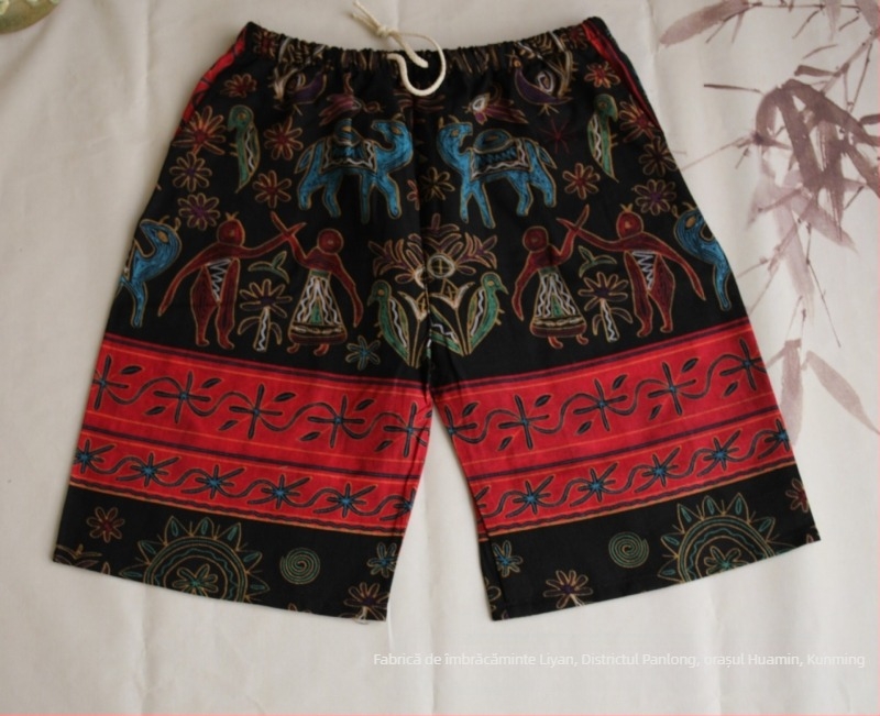 Șorturi scurte cu imprimeu elefant thailandez, amestec din bumbac, croi drept, lungime cropped, 94% bumbac, elasticitate micro-bounce, stil național