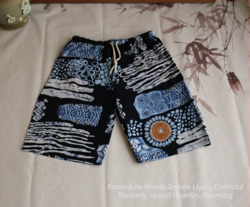 Șorturi scurte cu imprimeu elefant thailandez, amestec din bumbac, croi drept, lungime cropped, 94% bumbac, elasticitate micro-bounce, stil național