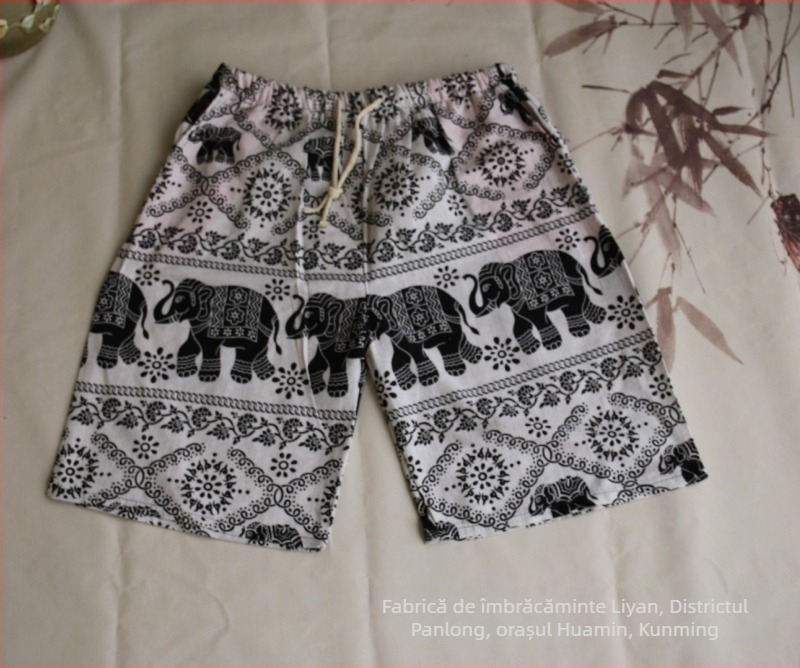 Șorturi scurte cu imprimeu elefant thailandez, amestec din bumbac, croi drept, lungime cropped, 94% bumbac, elasticitate micro-bounce, stil național