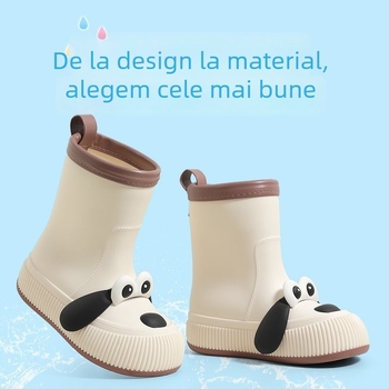 Ghete de ploaie pentru copii cu motiv câine cu ochi mari, impermeabile, partea superioară din PVC, căptușite cu fleece, înălțime medie a gleznei, potrivite pentru toate anotimpurile