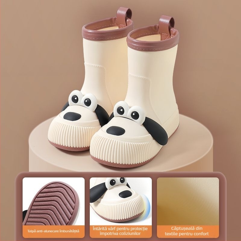 Ghete de ploaie pentru copii cu motiv câine cu ochi mari, impermeabile, partea superioară din PVC, căptușite cu fleece, înălțime medie a gleznei, potrivite pentru toate anotimpurile