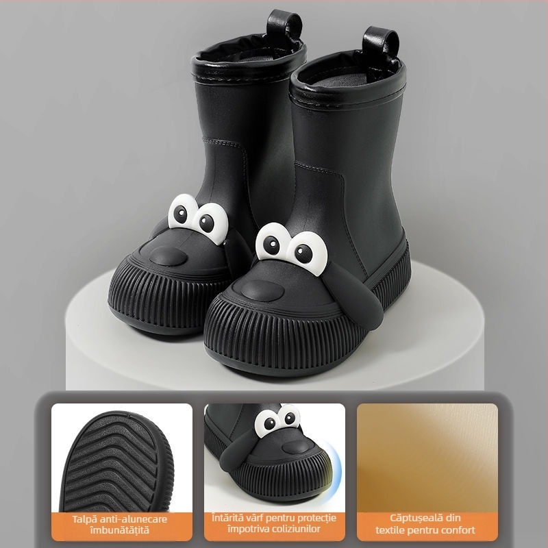 Ghete de ploaie pentru copii cu motiv câine cu ochi mari, impermeabile, partea superioară din PVC, căptușite cu fleece, înălțime medie a gleznei, potrivite pentru toate anotimpurile