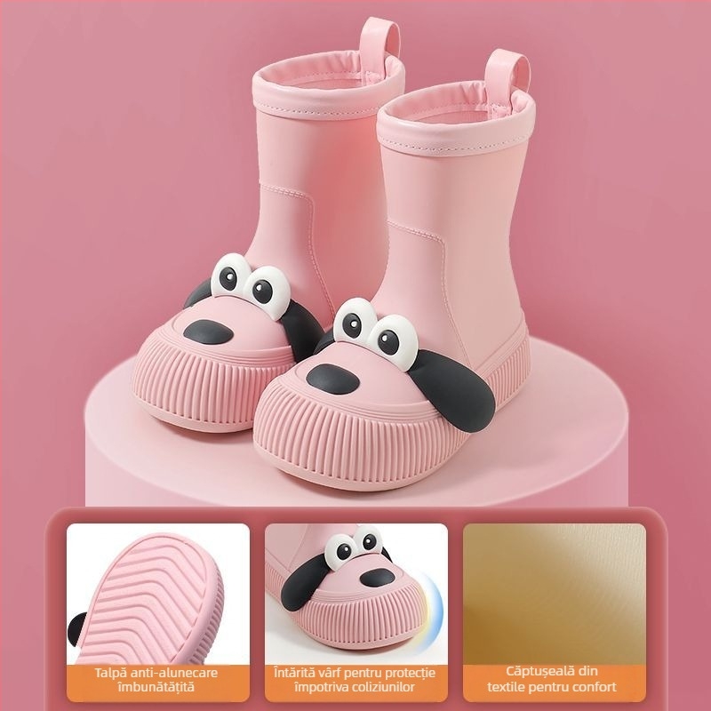 Ghete de ploaie pentru copii cu motiv câine cu ochi mari, impermeabile, partea superioară din PVC, căptușite cu fleece, înălțime medie a gleznei, potrivite pentru toate anotimpurile