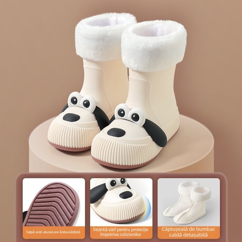 Ghete de ploaie pentru copii cu motiv câine cu ochi mari, impermeabile, partea superioară din PVC, căptușite cu fleece, înălțime medie a gleznei, potrivite pentru toate anotimpurile