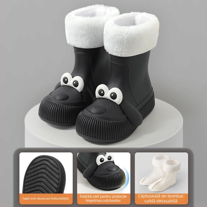Ghete de ploaie pentru copii cu motiv câine cu ochi mari, impermeabile, partea superioară din PVC, căptușite cu fleece, înălțime medie a gleznei, potrivite pentru toate anotimpurile
