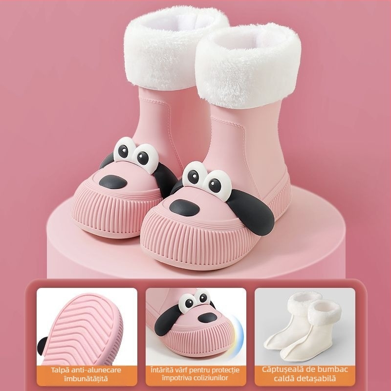 Ghete de ploaie pentru copii cu motiv câine cu ochi mari, impermeabile, partea superioară din PVC, căptușite cu fleece, înălțime medie a gleznei, potrivite pentru toate anotimpurile
