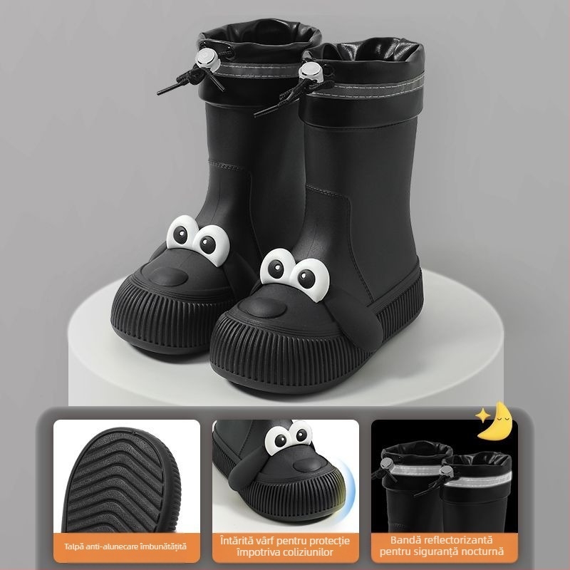 Ghete de ploaie pentru copii cu motiv câine cu ochi mari, impermeabile, partea superioară din PVC, căptușite cu fleece, înălțime medie a gleznei, potrivite pentru toate anotimpurile