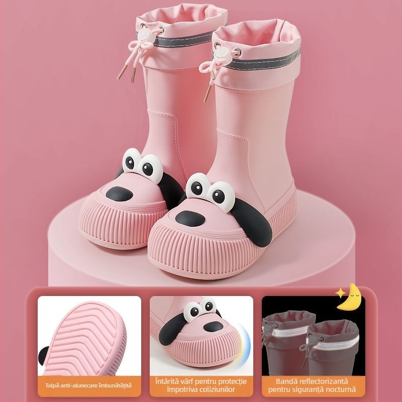 Ghete de ploaie pentru copii cu motiv câine cu ochi mari, impermeabile, partea superioară din PVC, căptușite cu fleece, înălțime medie a gleznei, potrivite pentru toate anotimpurile
