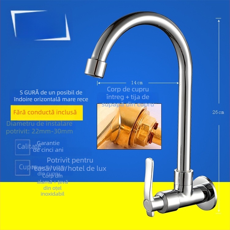 Robinet de bucătărie pentru chiuvetă, montaj pe perete, cupru, doar rece, stil modern minimalist, miez de valvă din cupru, acționare manuală