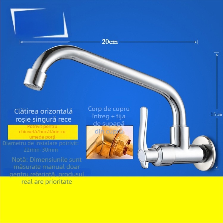 Robinet de bucătărie pentru chiuvetă, montaj pe perete, cupru, doar rece, stil modern minimalist, miez de valvă din cupru, acționare manuală